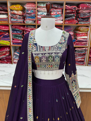 Dark Purple Premium Vichitra Silk Fully Stitched Lehenga Set with Heavy Embroidery & Dupatta ClothsVilla