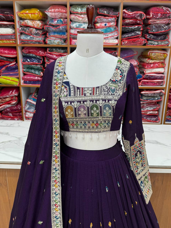 Dark Purple Premium Vichitra Silk Fully Stitched Lehenga Set with Heavy Embroidery & Dupatta ClothsVilla