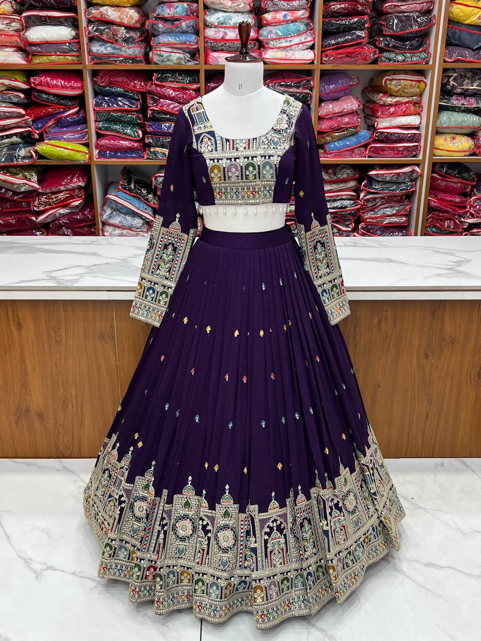 Dark Purple Premium Vichitra Silk Fully Stitched Lehenga Set with Heavy Embroidery & Dupatta ClothsVilla Main image