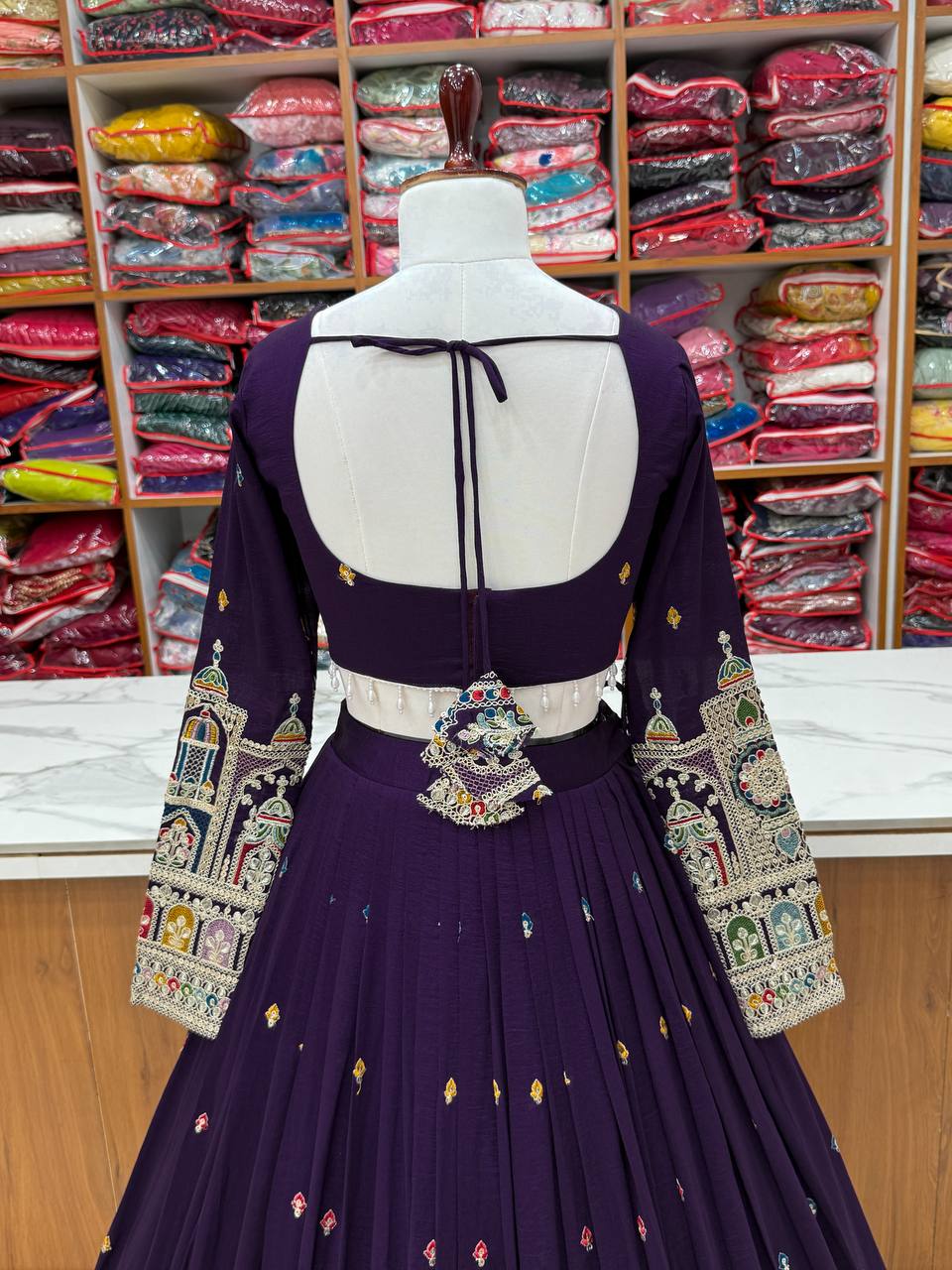 Dark Purple Premium Vichitra Silk Fully Stitched Lehenga Set with Heavy Embroidery & Dupatta ClothsVilla