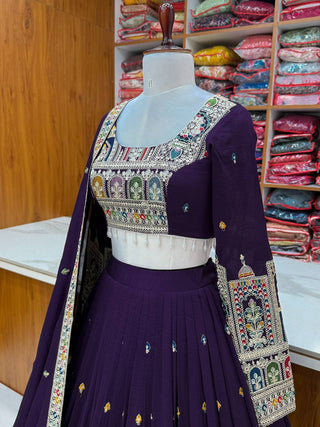 Dark Purple Premium Vichitra Silk Fully Stitched Lehenga Set with Heavy Embroidery & Dupatta ClothsVilla