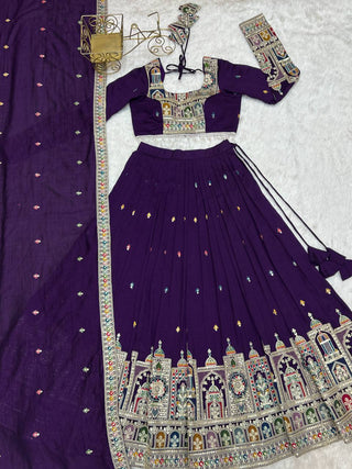 Dark Purple Premium Vichitra Silk Fully Stitched Lehenga Set with Heavy Embroidery & Dupatta ClothsVilla