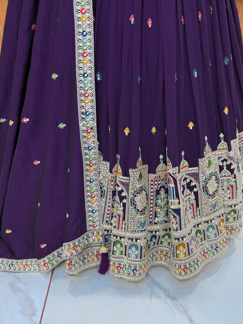 Dark Purple Premium Vichitra Silk Fully Stitched Lehenga Set with Heavy Embroidery & Dupatta ClothsVilla