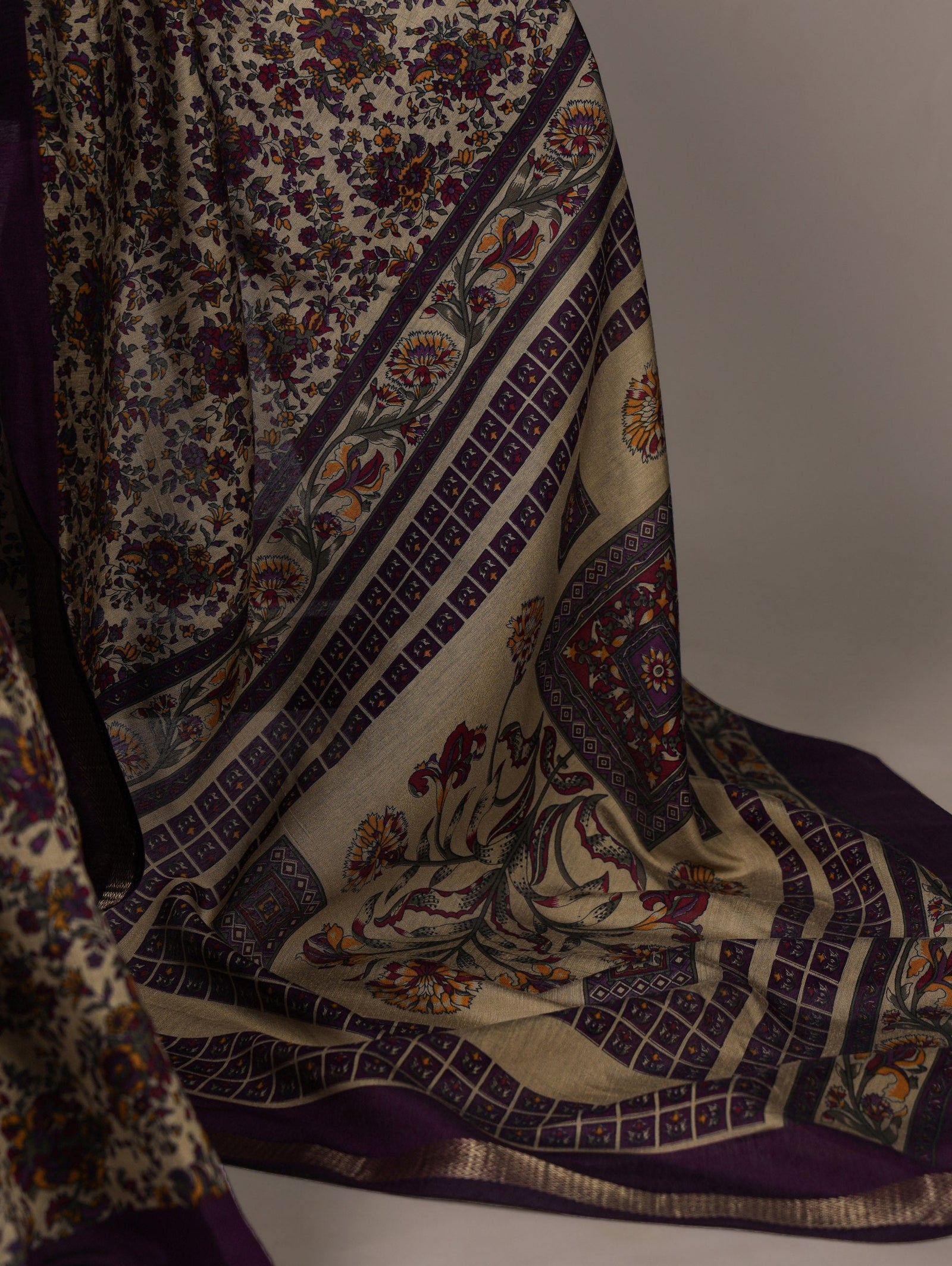 Dark Purple Printed Chanderi Polyester Viscose Saree with Zari Weaving Work & Unstitched Blouse — Festive & Traditional Party Wear Saree for Women ClothsVilla