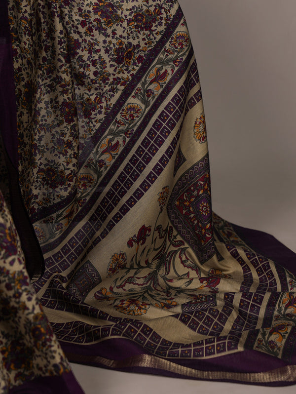 Dark Purple Printed Chanderi Polyester Viscose Saree with Zari Weaving Work & Unstitched Blouse — Festive & Traditional Party Wear Saree for Women ClothsVilla