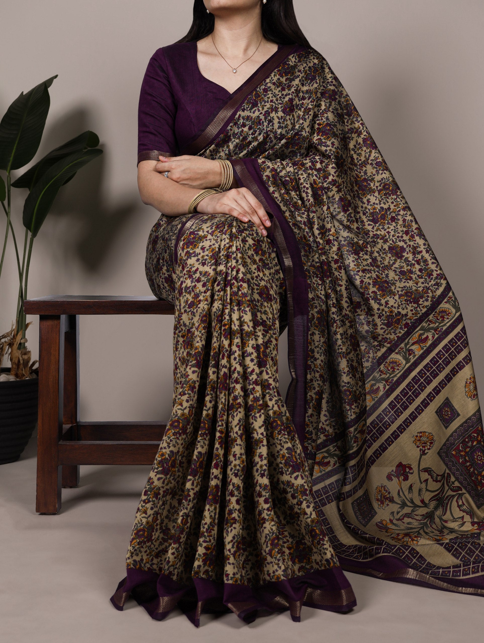 Dark Purple Printed Chanderi Polyester Viscose Saree with Zari Weaving Work & Unstitched Blouse — Festive & Traditional Party Wear Saree for Women ClothsVilla Main image