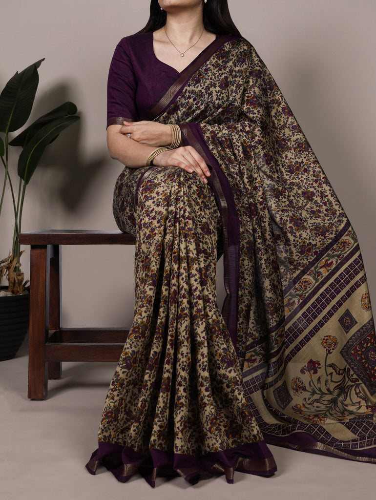 Dark Purple Printed Chanderi Polyester Viscose Saree with Zari Weaving Work & Unstitched Blouse — Festive & Traditional Party Wear Saree for Women ClothsVilla