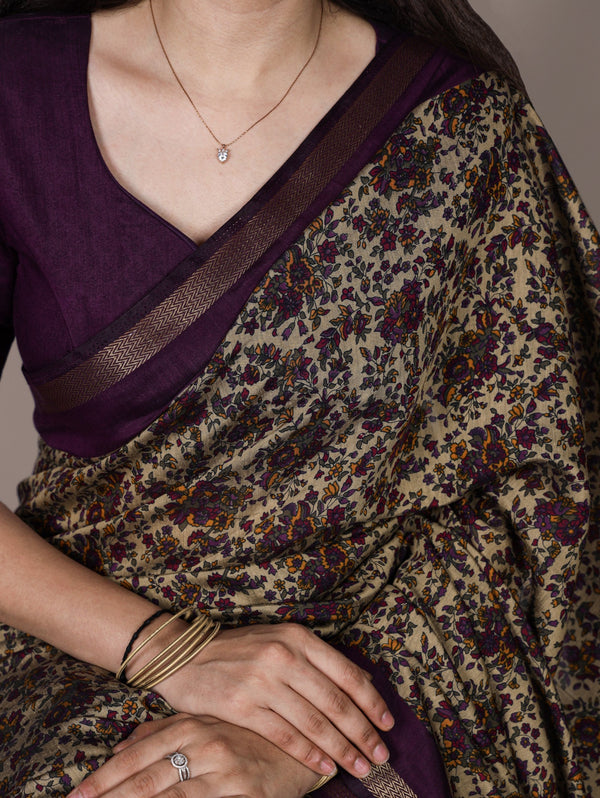 Dark Purple Printed Chanderi Polyester Viscose Saree with Zari Weaving Work & Unstitched Blouse — Festive & Traditional Party Wear Saree for Women ClothsVilla