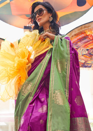 Dark Purple Regal Banarasi Silk Saree – Vintage Elegance with Intricate Detailing ClothsVilla