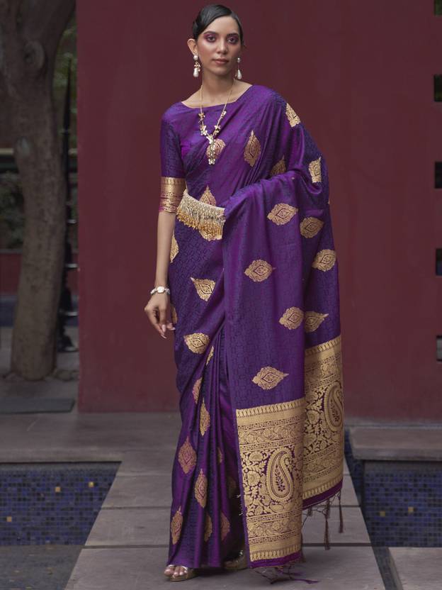 Dark Purple Regal Woven Pure Silk Banarasi Saree ClothsVilla Main image