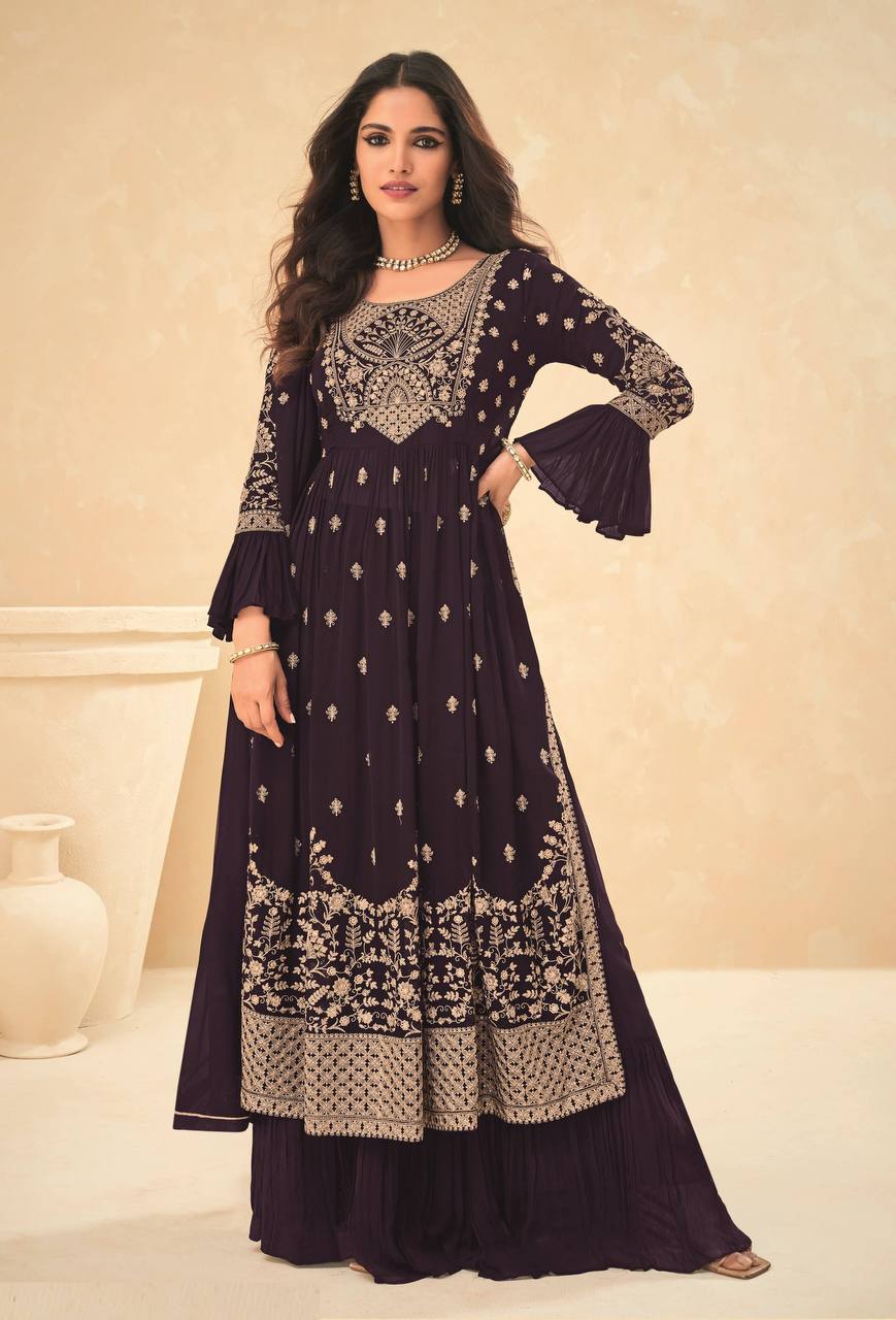 Dark Purple Sharara Indian Designer Salwar Suit Ready to Wear Salwar Kameez Palazzo Suit Wedding Sharara Suit Partywear Kameez Suit Main image