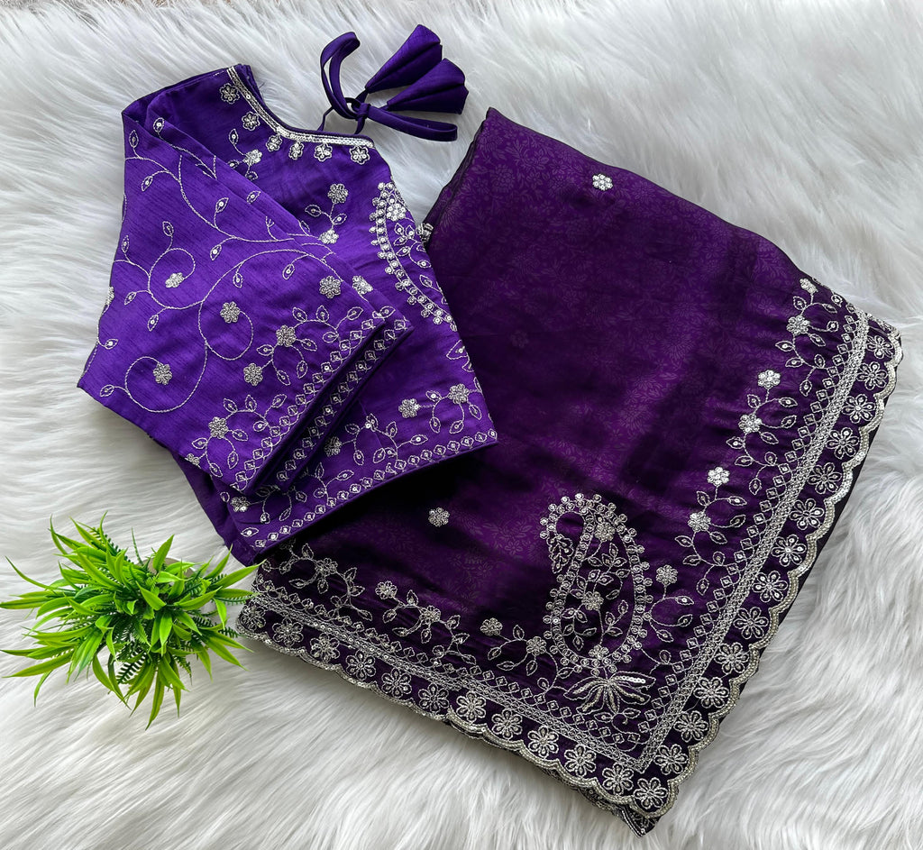 Dark Purple Soft Silk Saree with Elegant Rubber Weaving & Heavy Embroidery Work ClothsVilla