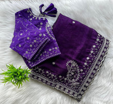 Load image into Gallery viewer, Dark Purple Soft Silk Saree with Elegant Rubber Weaving &amp; Heavy Embroidery Work ClothsVilla