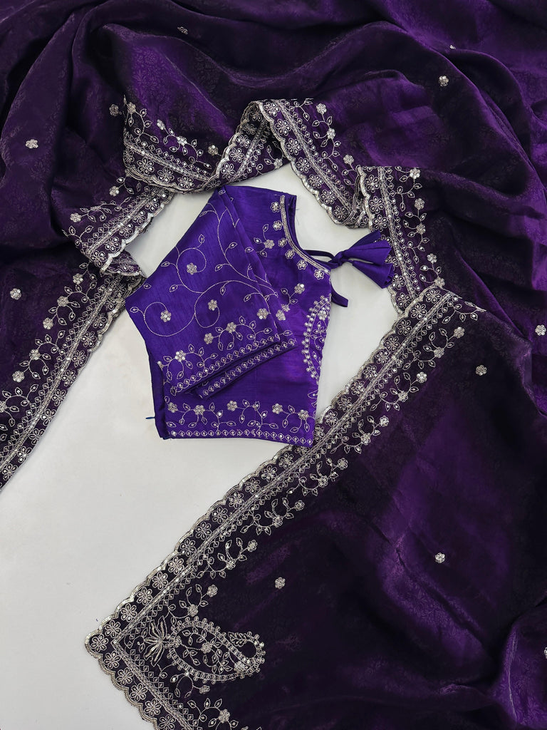 Dark Purple Soft Silk Saree with Elegant Rubber Weaving & Heavy Embroidery Work ClothsVilla