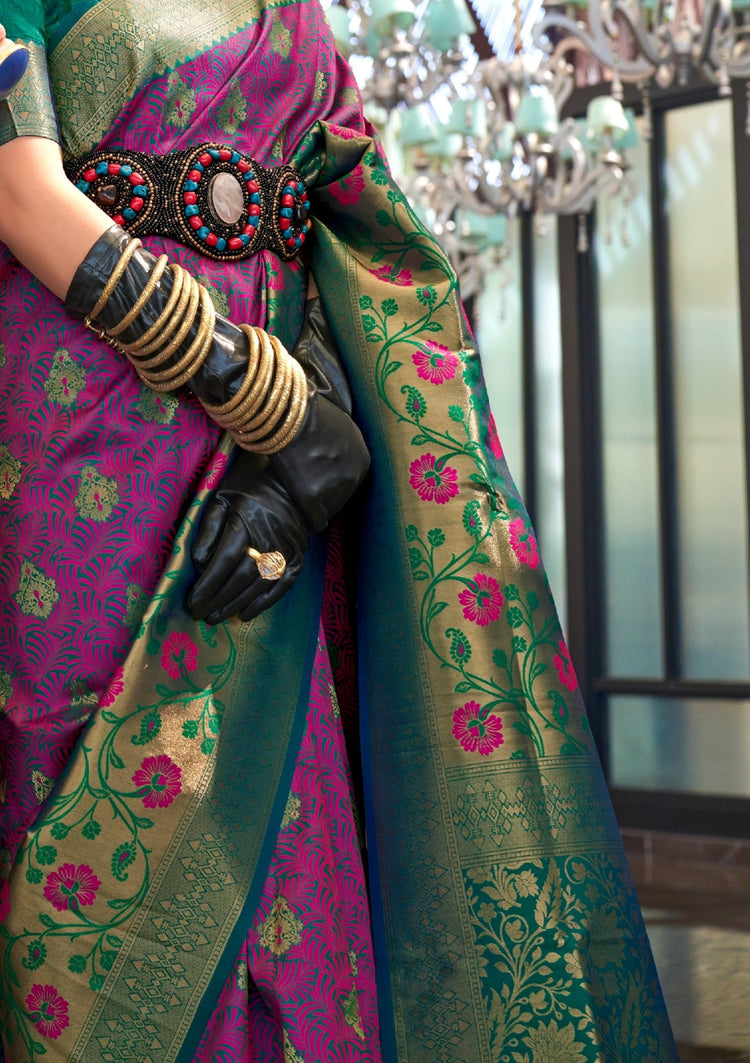 Dark Purple Traditional Banarasi Silk Blend Saree with Unstitched Blouse Piece ClothsVilla