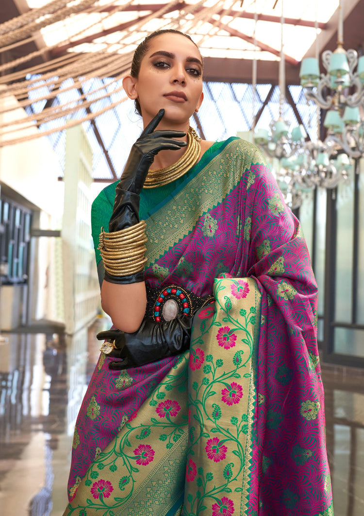 Dark Purple Traditional Banarasi Silk Blend Saree with Unstitched Blouse Piece ClothsVilla