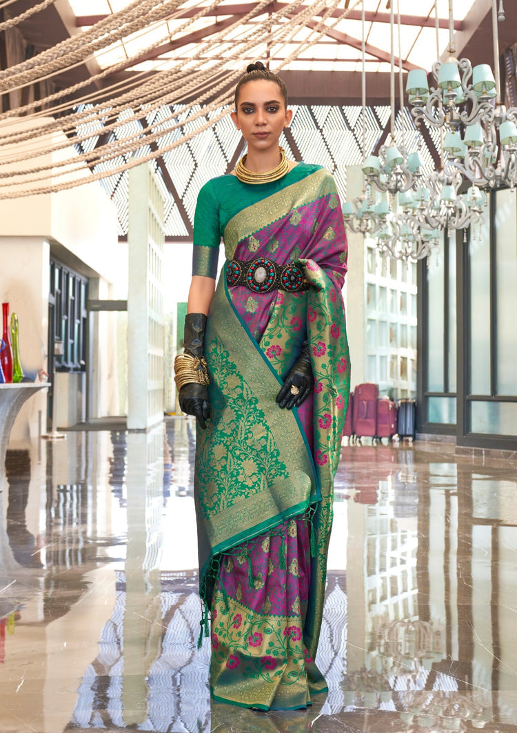 Dark Purple Traditional Banarasi Silk Blend Saree with Unstitched Blouse Piece ClothsVilla Main image
