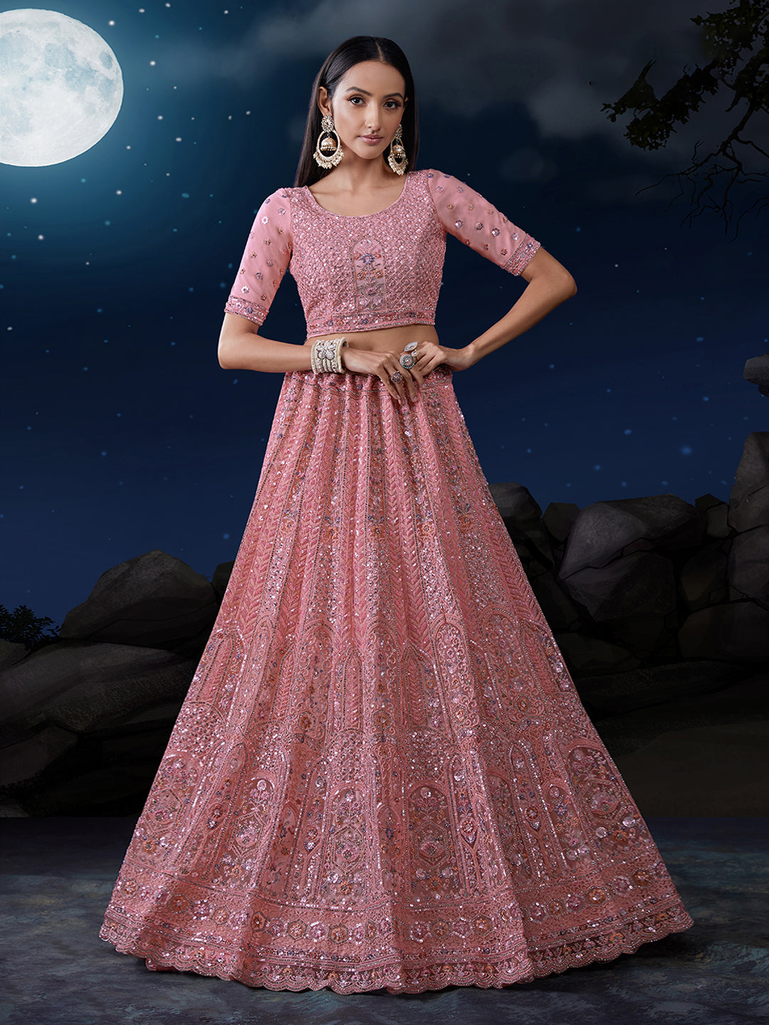 Dazzle in Delicate Pink Shimmering Sequence Lehenga Choli Set ClothsVilla Main image