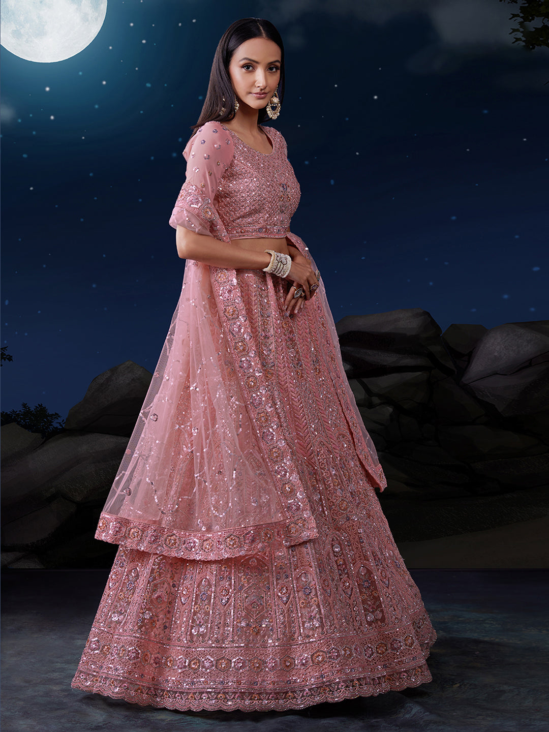 Dazzle in Delicate Pink Shimmering Sequence Lehenga Choli Set ClothsVilla