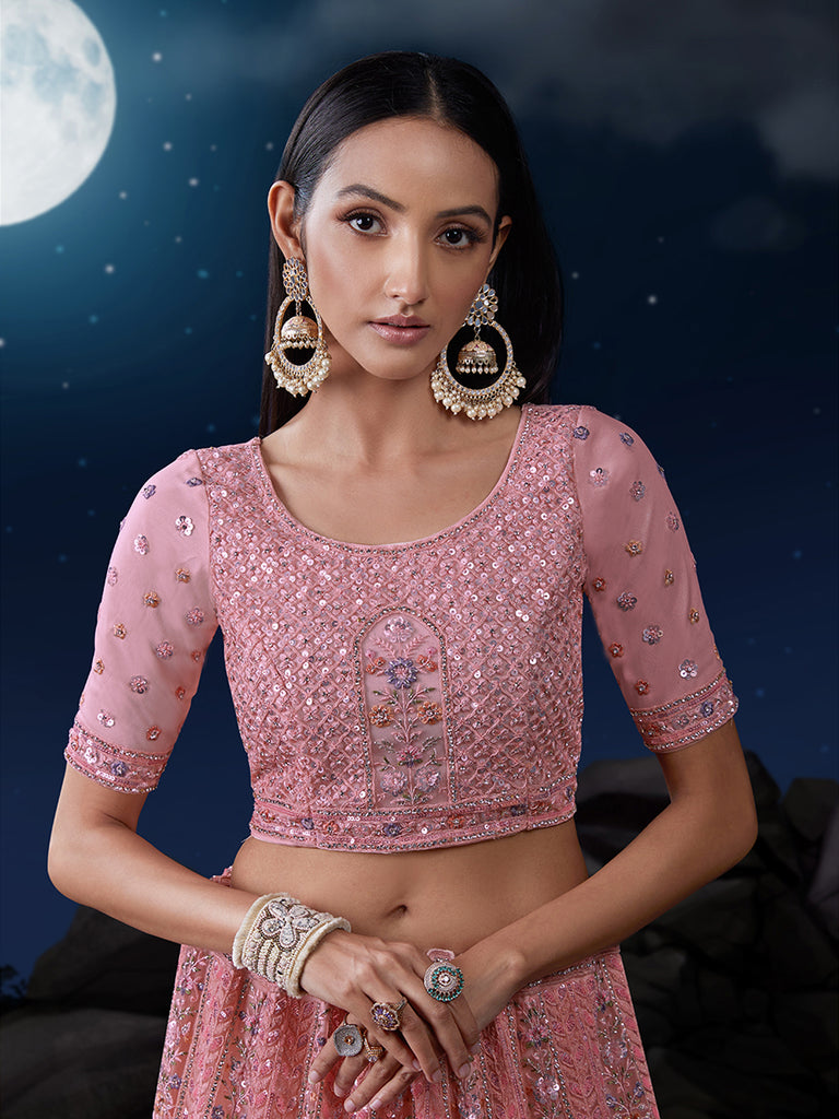 Dazzle in Delicate Pink Shimmering Sequence Lehenga Choli Set ClothsVilla