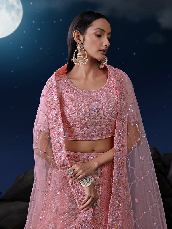 Dazzle in Delicate Pink Shimmering Sequence Lehenga Choli Set ClothsVilla