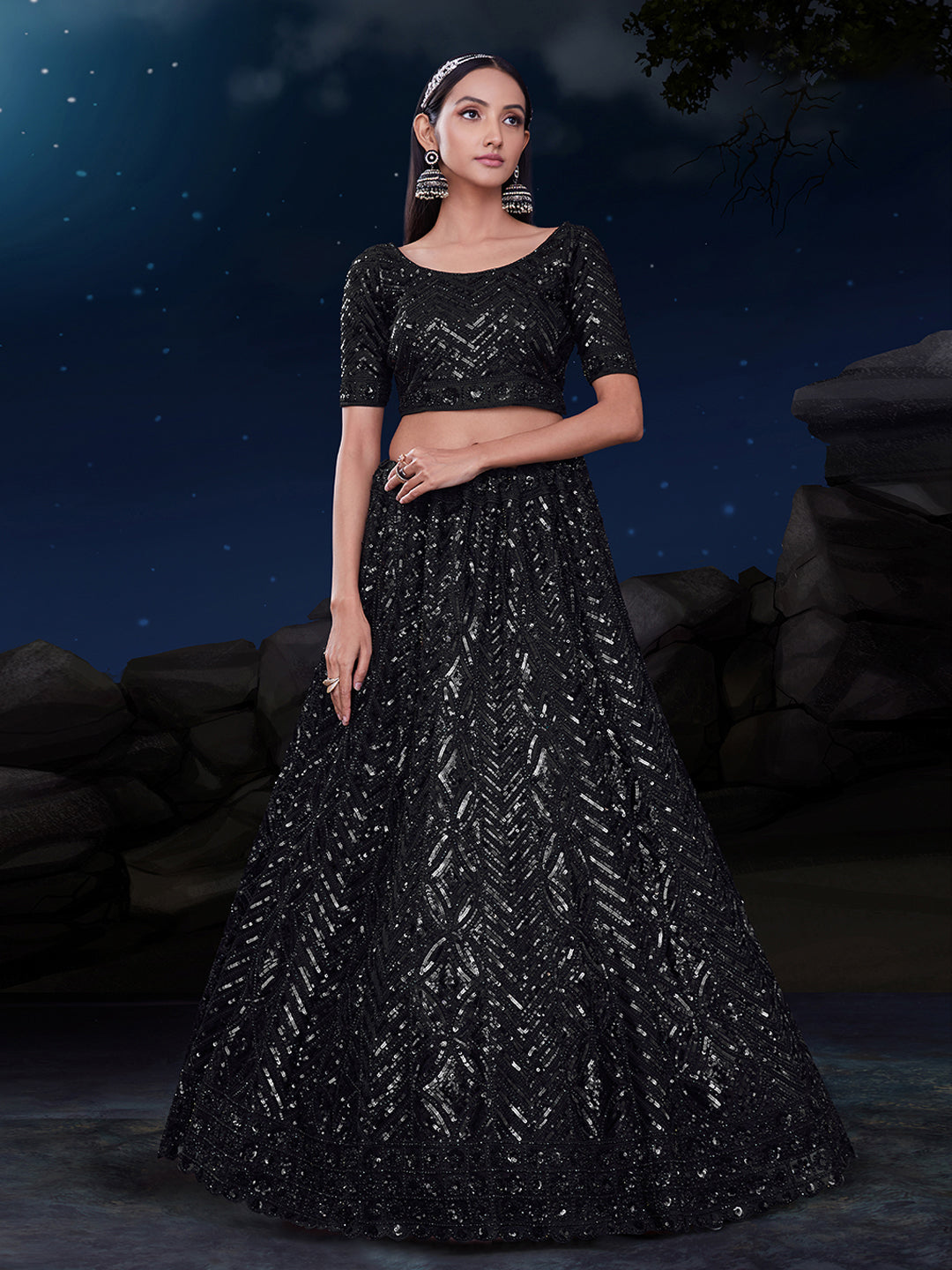 Dazzle in Sequined Elegance Black Net Lehenga Choli Set ClothsVilla Main image