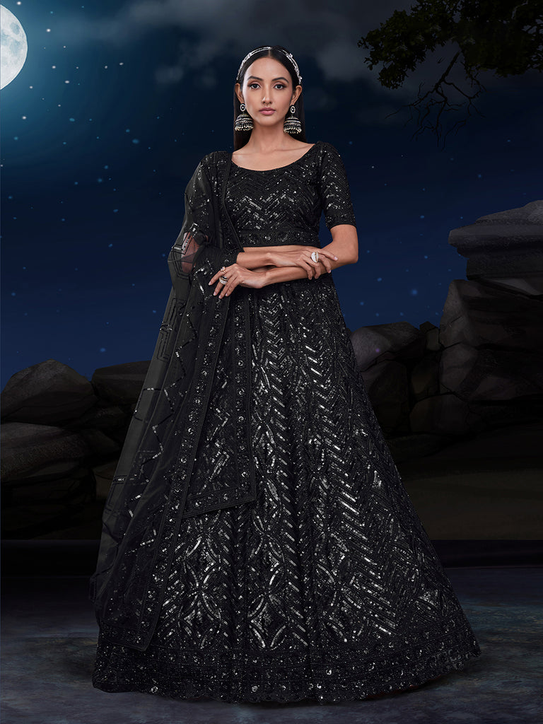 Dazzle in Sequined Elegance Black Net Lehenga Choli Set ClothsVilla