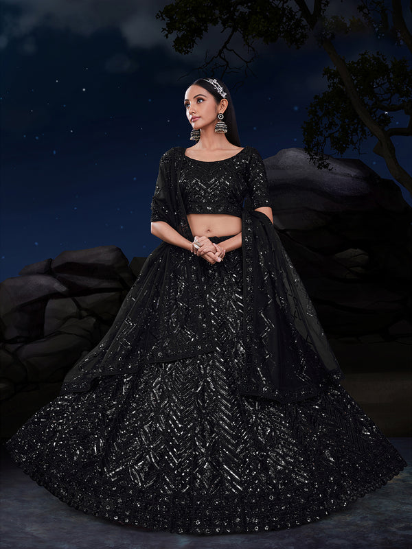 Dazzle in Sequined Elegance Black Net Lehenga Choli Set ClothsVilla