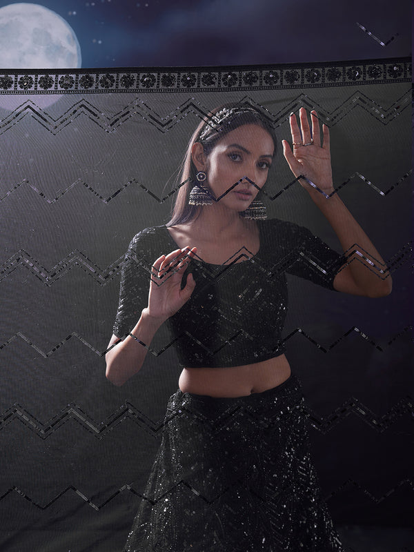 Dazzle in Sequined Elegance Black Net Lehenga Choli Set ClothsVilla