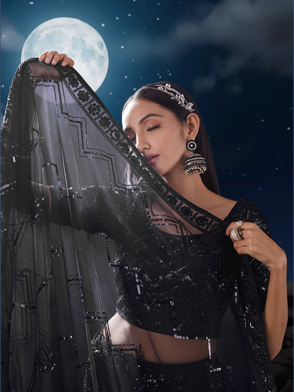 Dazzle in Sequined Elegance Black Net Lehenga Choli Set ClothsVilla