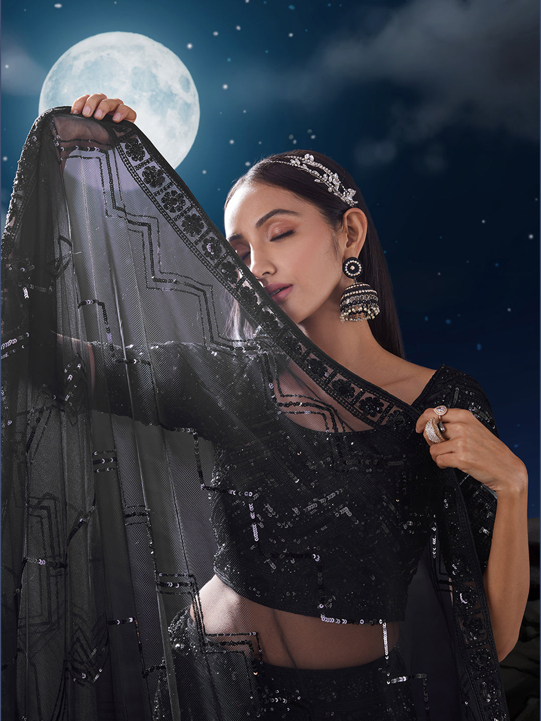 Dazzle in Sequined Elegance Black Net Lehenga Choli Set ClothsVilla