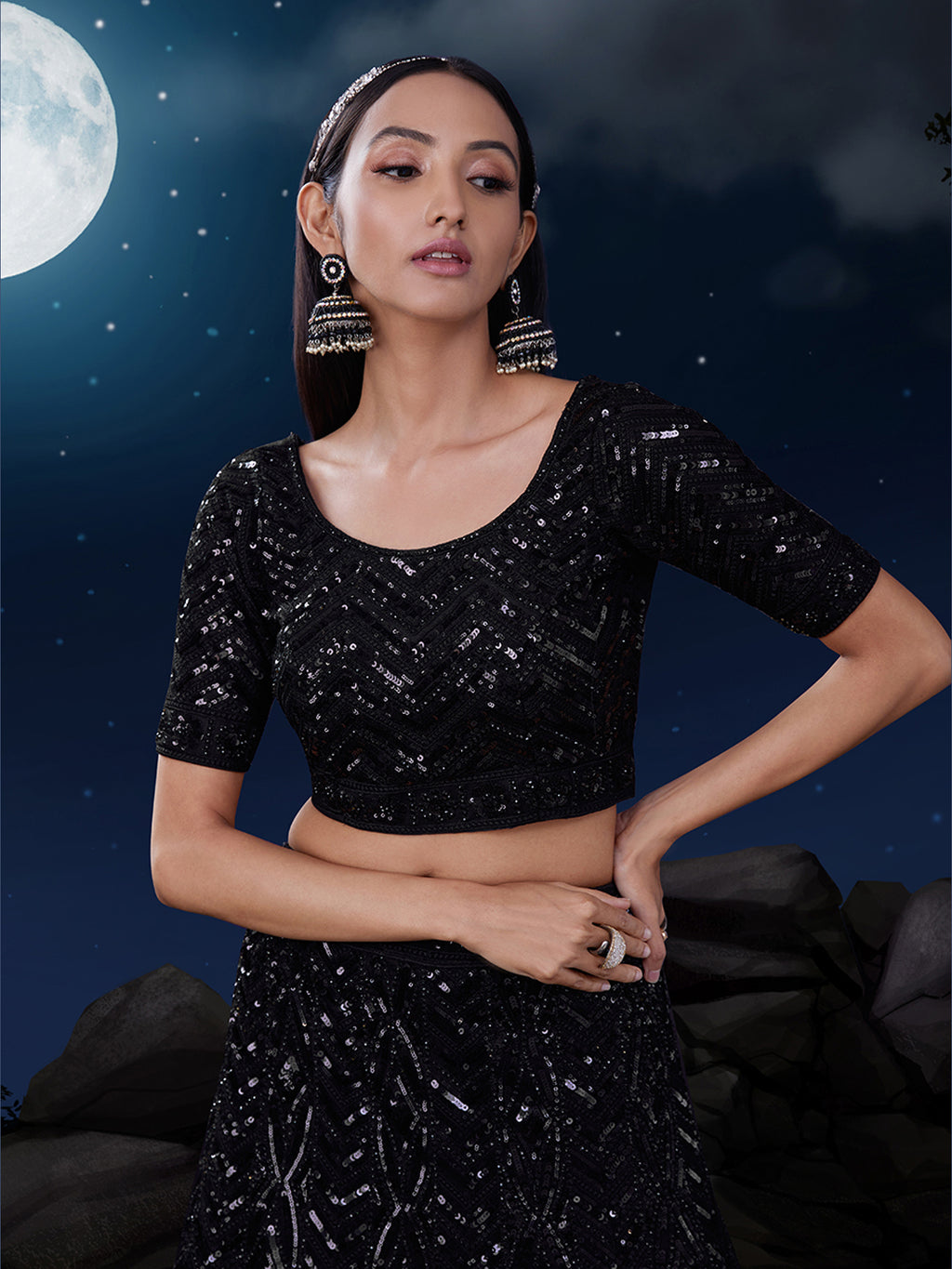 Dazzle in Sequined Elegance Black Net Lehenga Choli Set ClothsVilla
