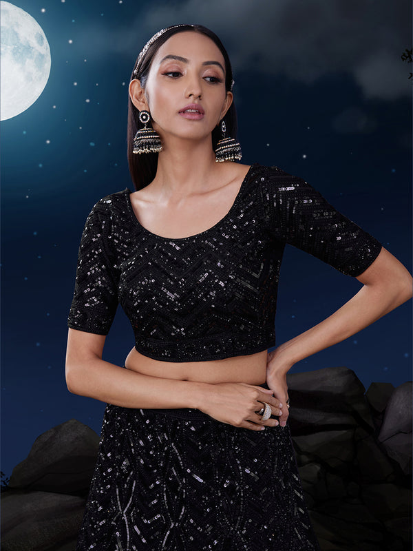 Dazzle in Sequined Elegance Black Net Lehenga Choli Set ClothsVilla