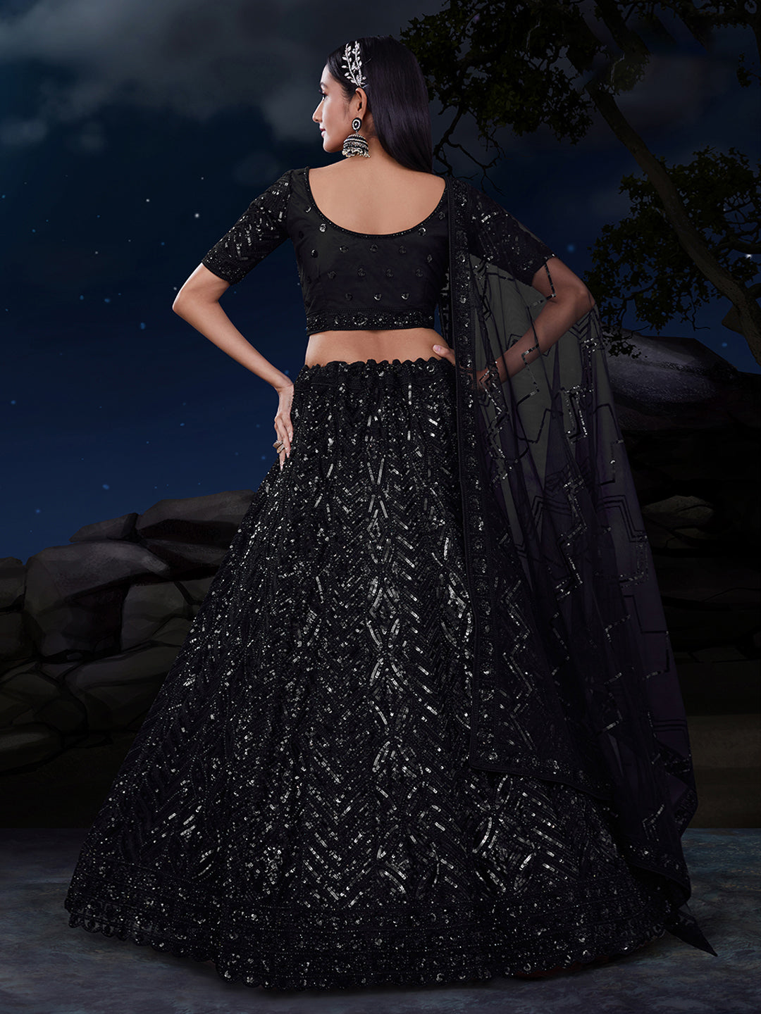 Dazzle in Sequined Elegance Black Net Lehenga Choli Set ClothsVilla