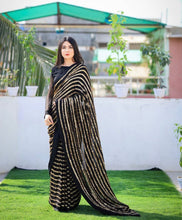 Load image into Gallery viewer, Dazzling Black &amp; Gold Striped Sequin Saree - Weave Elegance at Weddings &amp; Parties ClothsVilla