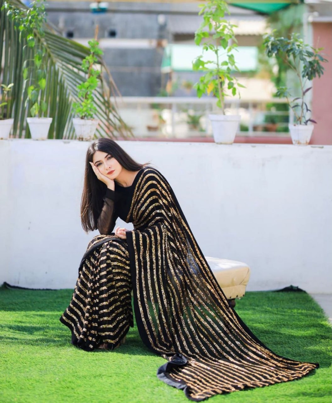 Dazzling Black & Gold Striped Sequin Saree - Weave Elegance at Weddings & Parties ClothsVilla Main image