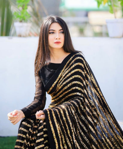 Dazzling Black & Gold Striped Sequin Saree - Weave Elegance at Weddings & Parties ClothsVilla