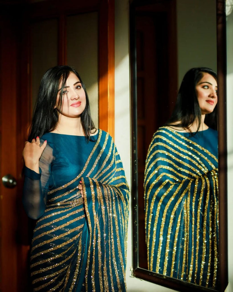 Dazzling Blue & Gold Striped Sequin Saree - Weave Elegance at Weddings & Parties ClothsVilla