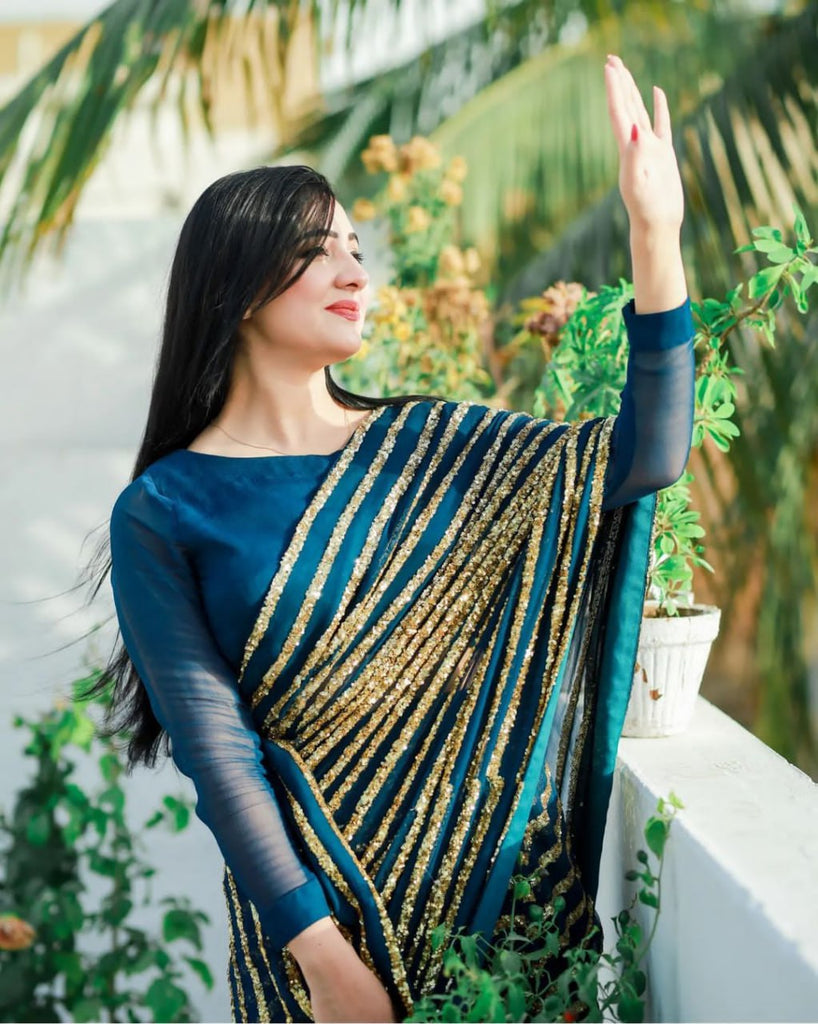 Dazzling Blue & Gold Striped Sequin Saree - Weave Elegance at Weddings & Parties ClothsVilla
