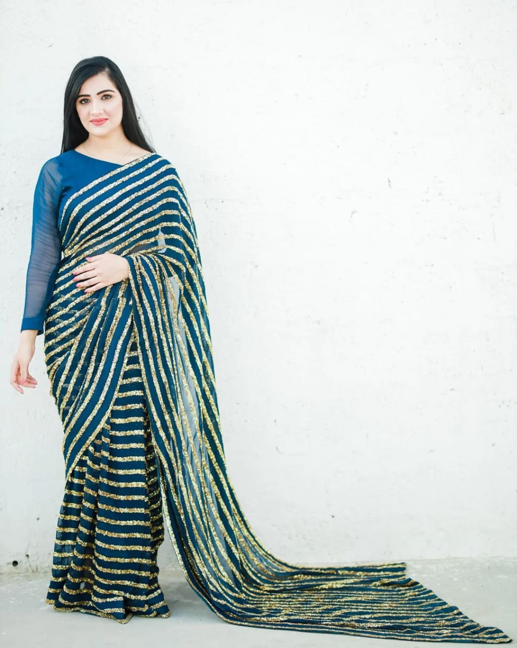 Dazzling Blue & Gold Striped Sequin Saree - Weave Elegance at Weddings & Parties ClothsVilla