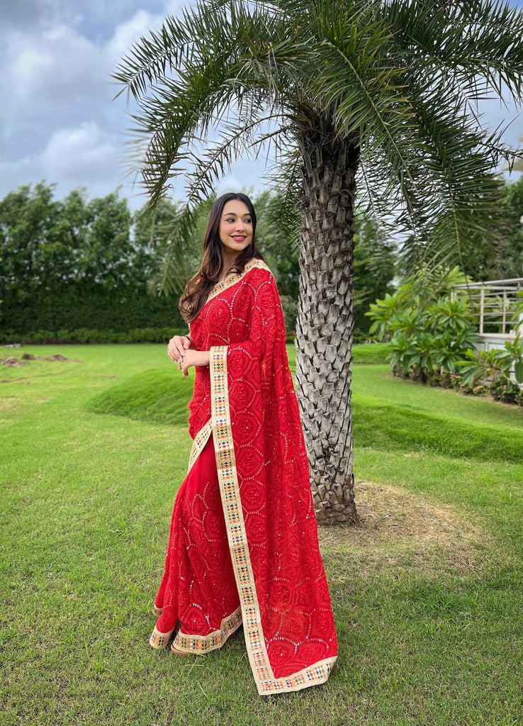 Dazzling Red Karva Chauth Georgette Chikankari Saree with Sequined Border & Viscose Thread Embroidery ClothsVilla