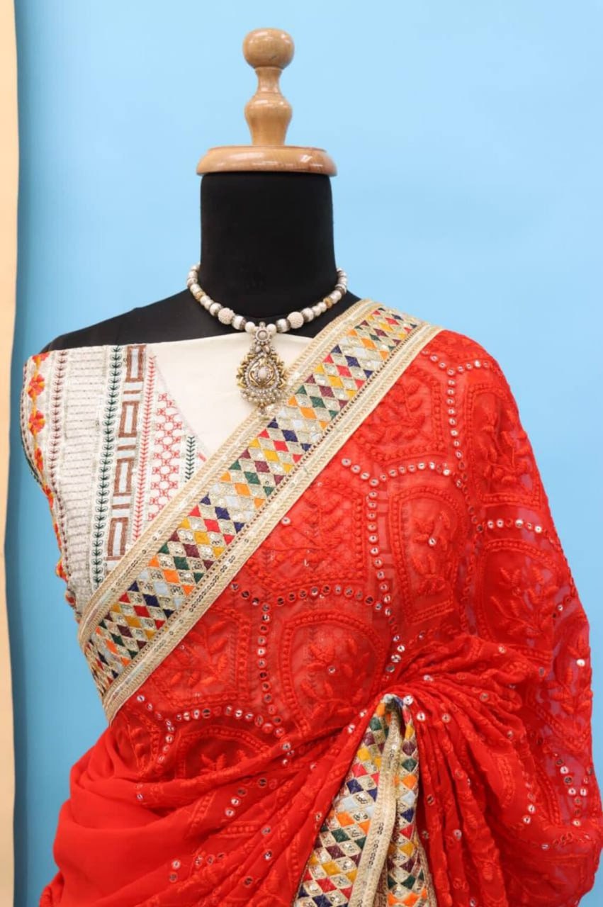 Dazzling Red Karva Chauth Georgette Chikankari Saree with Sequined Border & Viscose Thread Embroidery ClothsVilla