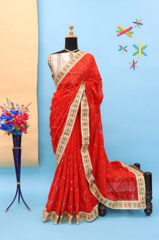 Dazzling Red Karva Chauth Georgette Chikankari Saree with Sequined Border & Viscose Thread Embroidery ClothsVilla
