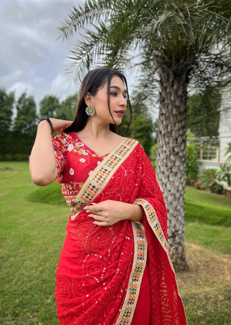 Dazzling Red Karva Chauth Georgette Chikankari Saree with Sequined Border & Viscose Thread Embroidery ClothsVilla