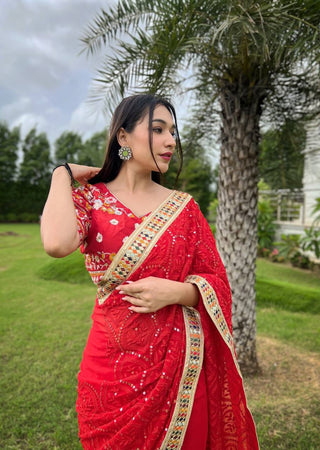Dazzling Red Karva Chauth Georgette Chikankari Saree with Sequined Border & Viscose Thread Embroidery ClothsVilla