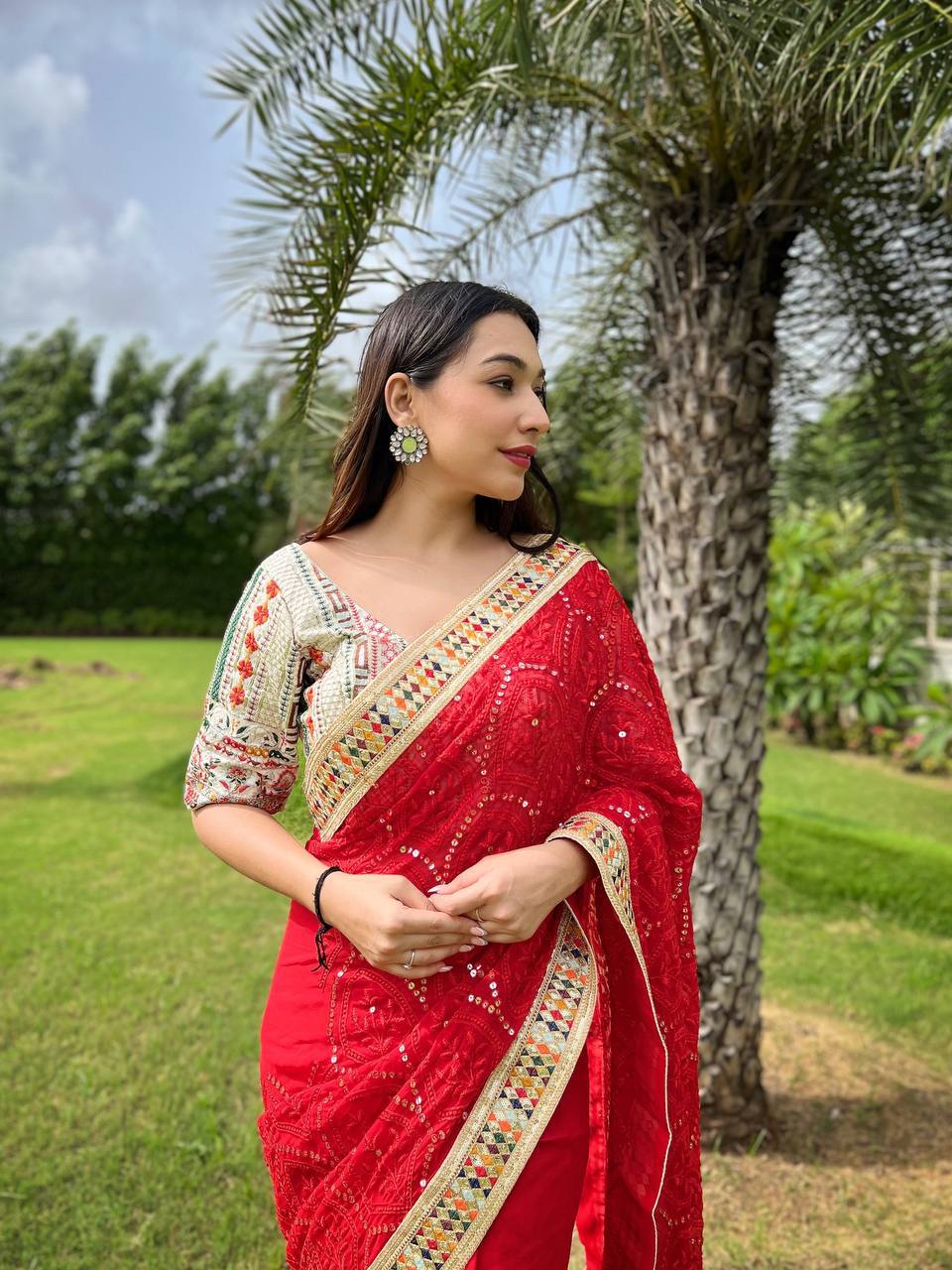 Dazzling Red Karva Chauth Georgette Chikankari Saree with Sequined Border & Viscose Thread Embroidery ClothsVilla