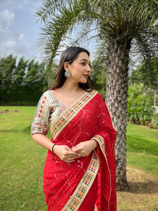 Dazzling Red Karva Chauth Georgette Chikankari Saree with Sequined Border & Viscose Thread Embroidery ClothsVilla