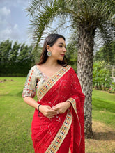 Load image into Gallery viewer, Dazzling Red Karva Chauth Georgette Chikankari Saree with Sequined Border &amp; Viscose Thread Embroidery ClothsVilla