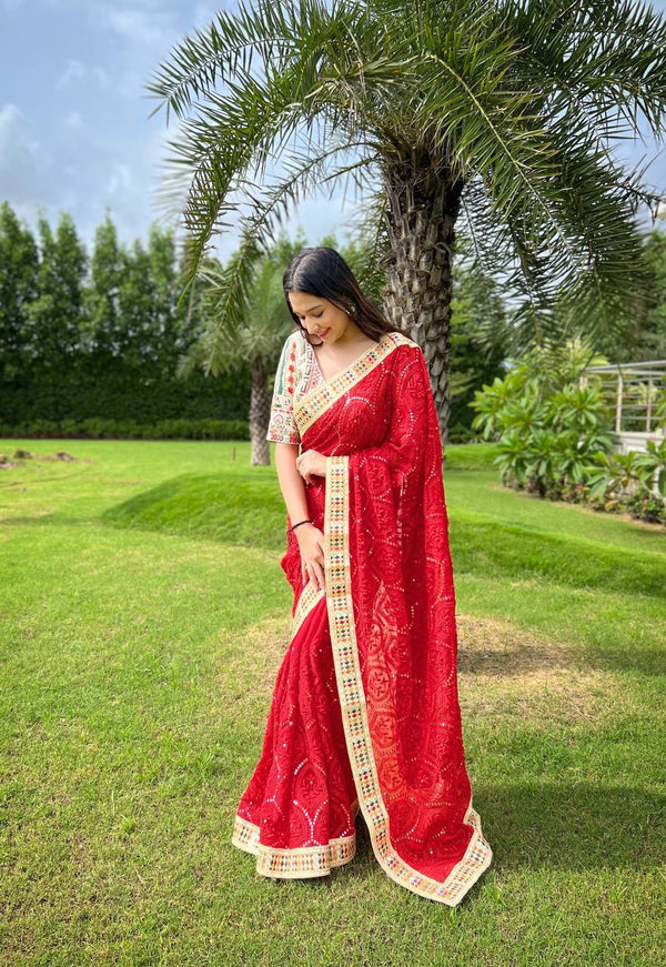 Dazzling Red Karva Chauth Georgette Chikankari Saree with Sequined Border & Viscose Thread Embroidery ClothsVilla