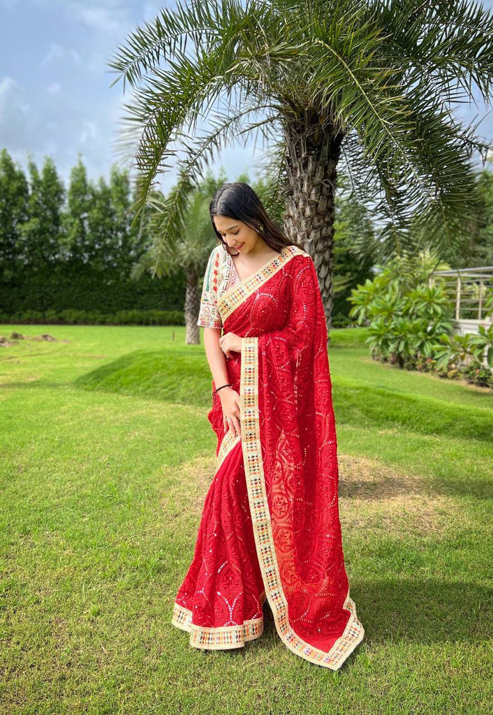 Dazzling Red Karva Chauth Georgette Chikankari Saree with Se
